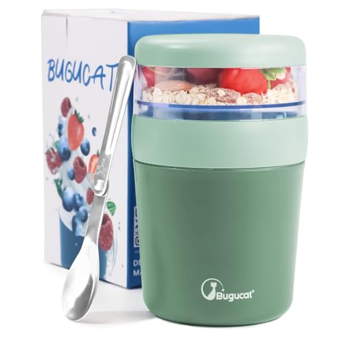 Bugucat 2in1 Müslibecher to Go 500ml+150ml, Praktischer Joghurtbecher & Müslibecher für Picknick, Auslaufsicherer Lunchpot Joghurtbecher to Go mit Löffel, Salatbecher Yoghurt to Go mit Löffel, Grün von Bugucat