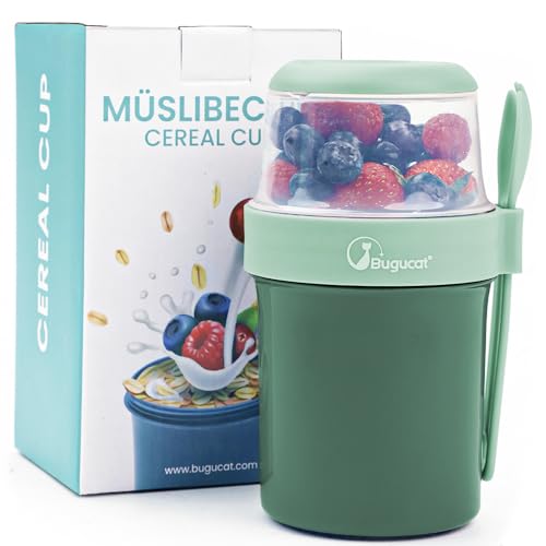 Bugucat 2in1 Müslibecher to Go 560ml+310ml, Praktischer Joghurtbecher & Müslibecher für Picknick, Auslaufsicherer Lunchpot Joghurtbecher to Go mit Löffel, Salatbecher Yoghurt to Go mit Löffel, Grün von Bugucat