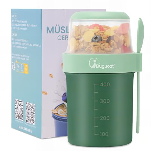 Bugucat 2in1 Müslibecher to Go 560ml+310ml, Praktischer Joghurtbecher & Müslibecher Kinder, Auslaufsicherer Lunchpot Joghurtbecher to Go mit Löffel, Salatbecher Yoghurt to Go mit Löffel, Grün von Bugucat