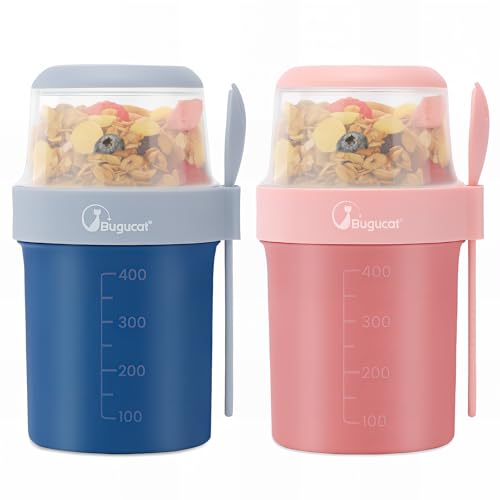 Bugucat 2in1 Müslibecher to Go 560ml+310ml, Praktischer Joghurtbecher & Müslibecher für Picknick 2er Set, Auslaufsicherer Lunchpot Joghurtbecher to Go, Salatbecher Yoghurt to Go, Blau+Rosa von Bugucat