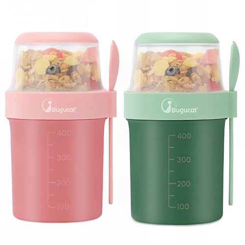 Bugucat 2in1 Müslibecher to Go 560ml+310ml, Praktischer Joghurtbecher & Müslibecher für Picknick 2er Set, Auslaufsicherer Lunchpot Joghurtbecher to Go, Salatbecher Yoghurt to Go, Grün+Rosa von Bugucat