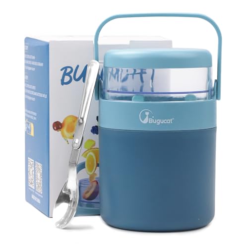 Bugucat 2in1 Müslibecher to Go 570ml+150ml, Praktischer Joghurtbecher & Müslibecher für Picknick, Auslaufsicherer Lunchpot Joghurtbecher to Go mit Löffel, Salatbecher Yoghurt to Go mit Löffel, Blau von Bugucat