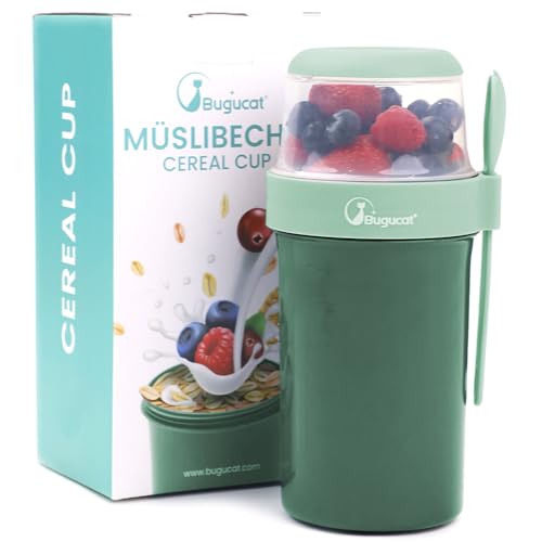 Bugucat 2in1 Müslibecher to Go 760ml+310ml, Praktischer Joghurtbecher & Müslibecher für Picknick, Auslaufsicherer Lunchpot Joghurtbecher to Go mit Löffel, Salatbecher Yoghurt to Go mit Löffel,Grün von Bugucat