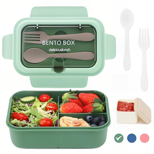 Bugucat Brotdose Kinder 1200 ML, Auslaufsichere Lunchbox Brotdose mit 3 Fächern, Bento Box Vesperdose Erwachsene mit Besteck, Jausenbox Frühstücksbox für Kindergarten & Jungen, Grün von Bugucat