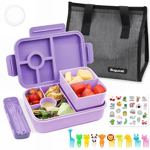 Bugucat Brotdose Kinder mi Fächern 1300ML,Auslaufsicher Lunchbox mit Lunchtasche,Bento Box für Erwachsene mit Besteckset Obstgabel,Vesperdose Frühstücksbox mit Aufkleber für für Mädchen & Jungen von Bugucat