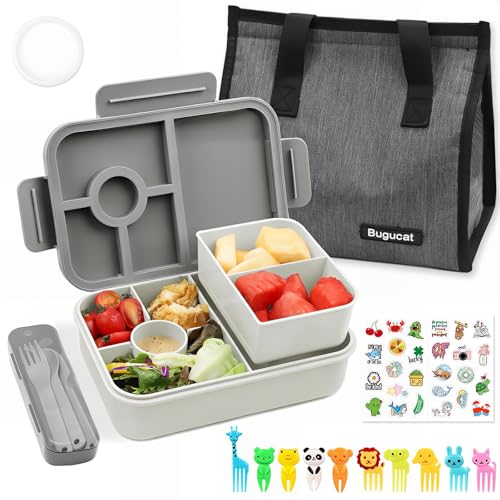 Bugucat Brotdose Kinder mi Fächern 1300ML,Auslaufsicher Lunchbox mit Lunchtasche,Bento Box für Erwachsene mit Besteckset Obstgabel,Vesperdose Frühstücksbox mit Aufkleber für für Mädchen & Jungen von Bugucat