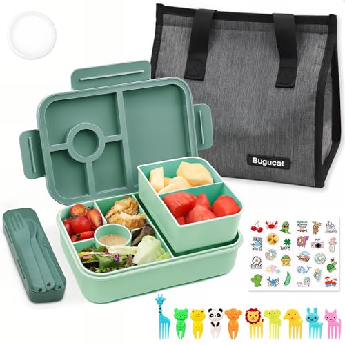Bugucat Brotdose Kinder mi Fächern 1300ML,Auslaufsicher Lunchbox mit Lunchtasche,Bento Box für Erwachsene mit Besteckset Obstgabel,Vesperdose Frühstücksbox mit Aufkleber für für Mädchen & Jungen von Bugucat