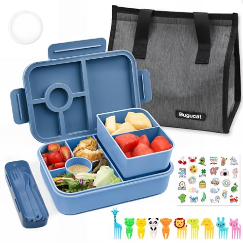 Bugucat Brotdose Kinder mi Fächern 1300ML,Auslaufsicher Lunchbox mit Lunchtasche,Bento Box für Erwachsene mit Besteckset Obstgabel,Vesperdose Frühstücksbox mit Aufkleber für für Mädchen & Jungen von Bugucat