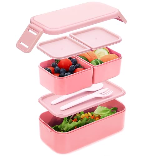 Bugucat Brotdose Kinder mit Fächern 1300ML, 2 in 1 Brotdosen Lunchbox Kinder mit 3 Fächern, Auslaufsicher Bento Box Lunchbox Erwachsene, Vesperdose Frühstücksbox für Mädchen & Jungen BPA-Frei Rosa von Bugucat