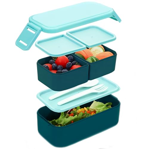 Bugucat Brotdose Kinder mit Fächern 1300ML, 2 in 1 Brotdosen Lunchbox Kinder mit 3 Fächern, Auslaufsicher Bento Box Lunchbox Erwachsene, Vesperdose Frühstücksbox für Mädchen & Jungen BPA-Frei Blau von Bugucat