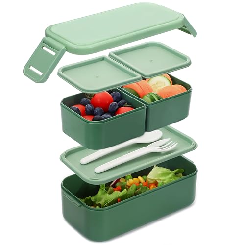 Bugucat Brotdose Kinder mit Fächern 1300ML, 2 in 1 Brotdosen Lunchbox Kinder mit 3 Fächern, Auslaufsicher Bento Box Lunchbox Erwachsene, Vesperdose Frühstücksbox für Mädchen & Jungen BPA-Frei Grün von Bugucat