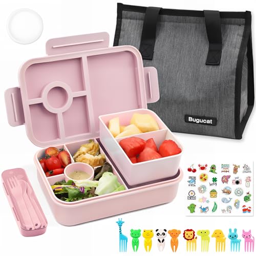 Bugucat Brotdose Kinder mit Fächern 1300ML,Auslaufsicher Lunchbox mit Lunchtasche,Bento Box für Erwachsene mit Besteckset Obstgabel,Vesperdose Frühstücksbox mit Aufkleber für Mädchen & Jungen von Bugucat