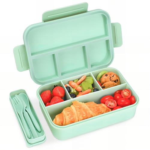 Bugucat Brotdose mit Fächern 1300ML,Lunchbox Kinder Auslaufsicher mit 4 Fächern,Lunch Box Bento Box mit Fächern für Kinder und Erwachsene,Vesperdose Frühstücksbox für Jungen&Mädchen Grün von Bugucat