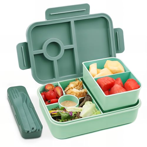 Bugucat Brotdose Kinder mit Fächern 1300ML,Lunchbox Kinder Auslaufsicher mit 5 Fächern,Bento Box Lunchbox mit Fächern für Erwachsene,Vesperdose Frühstücksbox für Mädchen & Jungen Dunkelgrün von Bugucat