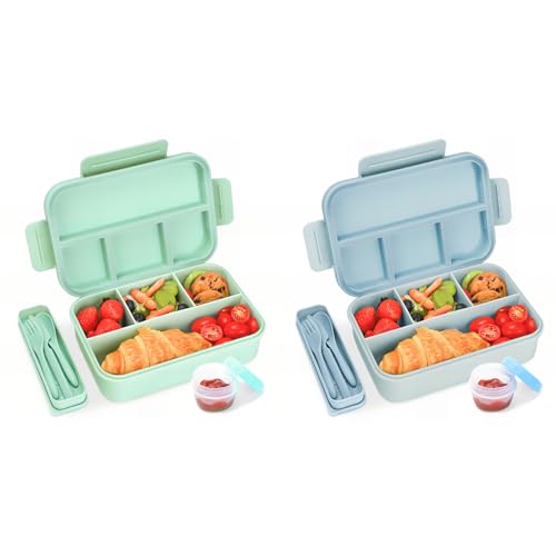 Bugucat Brotdose für Kids - Lunchbox Auslaufsicher mit 4 Fächern, Bento Box für Kinder & Erwachsene - Frühstücksbox für Jungen & Mädchen (Blau, Grüne Innenfarbe, 1300ML, 2er Set) von Bugucat