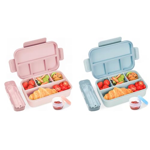 Bugucat Brotdose Kinder Mit Fächern 1300ML 2 Set, Auslaufsichere Lunchbox Mit 4 Fächern, Bento Box für Kinder und Erwachsene, Frühstücksbox für Jungen & Mädchen Blau Rosa von Bugucat