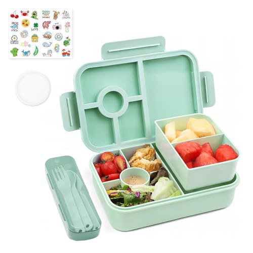 Bugucat Brotdose Kinder mit Fächern 1300ML, Lunchbox Kinder Auslaufsicher mit 5 Fächern, Bento Box Lunch Box mit Fächern für Erwachsene, Frühstücksbox Vesperdose für Jungen&Mädchen Grün von Bugucat