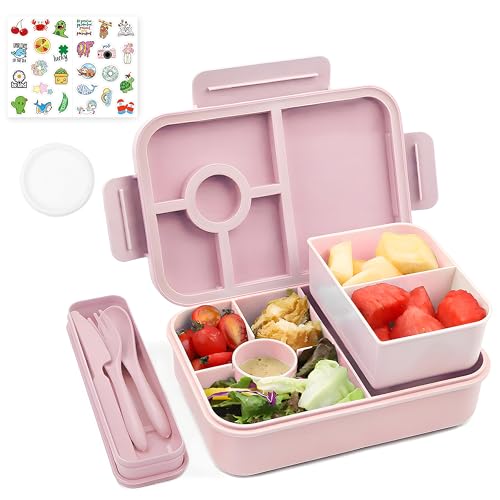 Bugucat Brotdose Kinder mit Fächern 1300ML 3PCS, Lunchbox Kinder Auslaufsicher mit 4 Fächern, Bento Box Lunch Box mit Fächern für Kinder Erwachsene, Frühstücksbox Vesperdose für Jungen&Mädchen Rosa von Bugucat