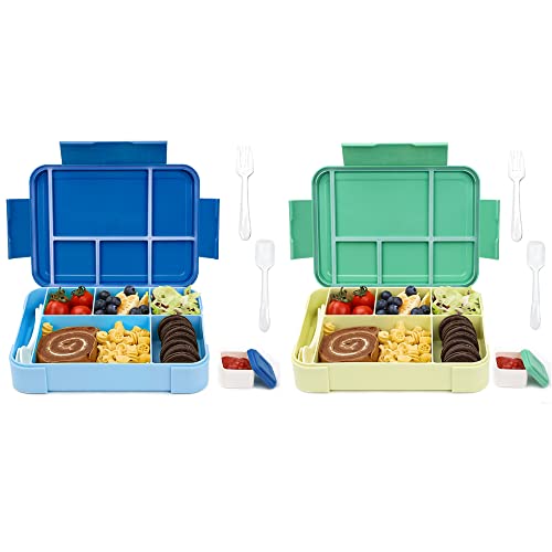 Bugucat Brotdose Kinder mit Fächern 1330ML 2 Set,Lunchbox Kinder Bento Box Auslaufsicher mit 6 Fächern Besteckset,Vesperdose Frühstücksbox für Mädchen,Jausenbox Brotdose für Erwachsene Blau Grün von Bugucat