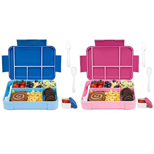 Bugucat Brotdose Kinder mit Fächern 1330ML 2 Set,Lunchbox Kinder Bento Box Auslaufsicher mit 6 Fächern Besteckset,Vesperdose Frühstücksbox für Mädchen,Jausenbox Brotdose für Erwachsene Blau Rosa von Bugucat