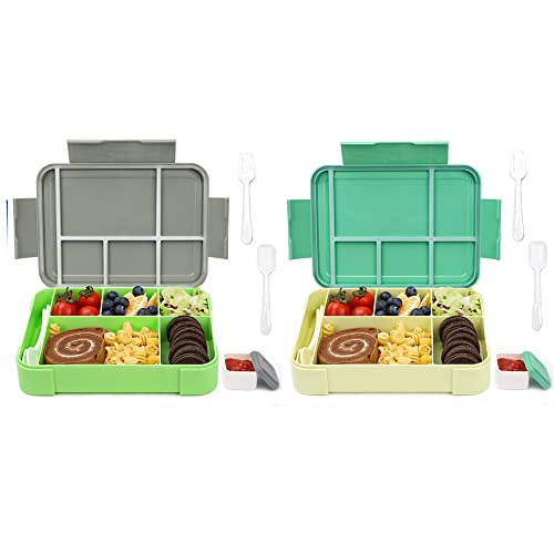 Bugucat Brotdose Kinder mit Fächern 1330ML 2 Set,Lunchbox Kinder Bento Box Auslaufsicher mit 6 Fächern Besteckset,Vesperdose Frühstücksbox für Mädchen,Jausenbox Brotdose für Erwachsene Grau Grün von Bugucat