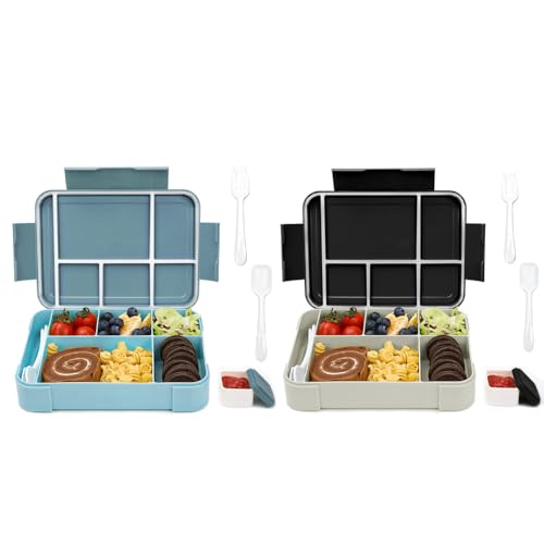 Bugucat Brotdose Kinder mit Fächern 1330ML 2 Set,Lunchbox Kinder Bento Box Auslaufsicher mit 6 Fächern Besteckset,Vesperdose Frühstücksbox für Mädchen Jungen Kindergarten,Blau Cyanblau von Bugucat