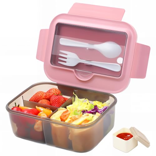Bugucat Brotdose Kinder mit Fächern 1400ML, Auslaufsicher Lunchbox Kinder Bento Box Kinder Erwachsene mit Besteck,Frühstücksbox Snack Box mit Soßenbox,Brotdosen Vesperdose für Mädchen & Jungen Rosa von Bugucat