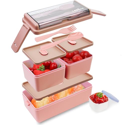 Bugucat Brotdose Kinder mit Fächern 1400ML, Lunchbox Kinder mit 3 Fächern Besteckset Bento box Lunchbox erwachsene Auslaufsicher, Brotdose Schule für Mädchen Jungen,Brotdose kinder für Kindergarten von Bugucat
