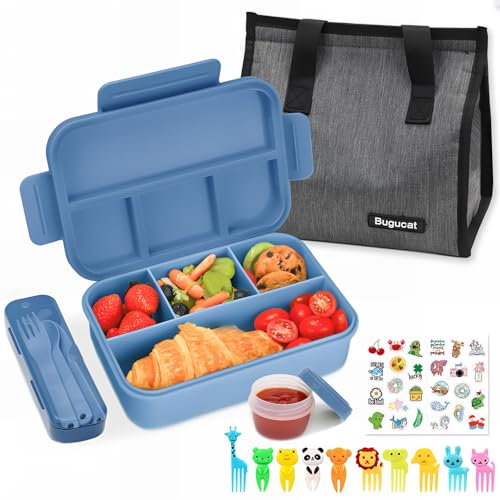 Bugucat Brotdose mit Fächern 1300ML,Lunchbox Kinder Auslaufsicher mit Lunchtasche,Brotdosen Bento Box mit Besteckset Obstgabel für Erwachsene,Vesperdose Frühstücksbox für Jungen&Mädchen,Dunkelblau von Bugucat