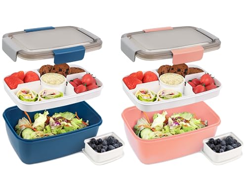 Bugucat Lunchbox Erwachsene 2000ML 2 Set,Auslaufsichere Brotdose Erwachsene Bento Box mit Fächern für Kinder,Salatbehälter Salatbox to Go mit Gabel,Brotdose Frühstücksbox für Schule Büro,Blau+Rosa von Bugucat