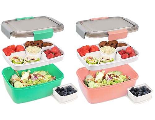 Bugucat Lunchbox Erwachsene 2000ML 2 Set,Auslaufsichere Brotdose Erwachsene Bento Box mit Fächern für Kinder,Salatbehälter Salatbox to Go mit Gabel,Brotdose Frühstücksbox für Schule Büro,Grün+Rosa von Bugucat