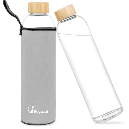 Bugucat Glasflasche 1000 ML, Trinkflasche aus Glas mit Bambusdeckel und Schutzhülle，Wasserflasche Auslaufsicher aus Borosilikatglas, Karaffe für Smoothies Säfte Wasser und Getränke, BPA-Free von Bugucat