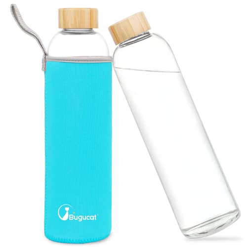 Bugucat Glasflasche 1000 ML, Trinkflasche aus Glas mit Bambusdeckel und Schutzhülle，Wasserflasche Auslaufsicher aus Borosilikatglas, Karaffe für Smoothies Säfte Wasser und Getränke, BPA-Free von Bugucat