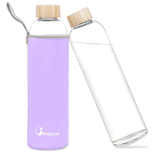 Bugucat Glasflasche 1000 ML, Trinkflasche aus Glas mit Bambusdeckel und Schutzhülle，Wasserflasche Auslaufsicher aus Borosilikatglas, Karaffe für Smoothies Säfte Wasser und Getränke, Violett von Bugucat