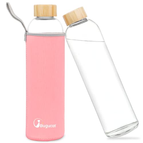 Bugucat Glasflasche 1000 ML, Trinkflasche aus Glas mit Bambusdeckel und Schutzhülle，Wasserflasche Auslaufsicher aus Borosilikatglas, Karaffe für Smoothies Säfte Wasser und Getränke BPA-Free von Bugucat