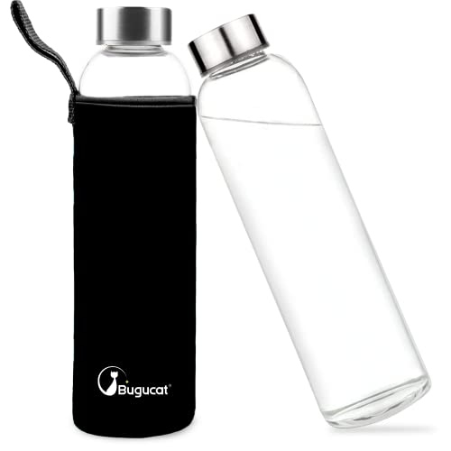 Bugucat Glasflasche1000 ML, Trinkflasche aus Glas mit Edelstahlabdeckung Schutzhülle，Wasserflasche Auslaufsicher aus Borosilikatglas, Karaffe für Smoothies Säfte Wasser und Getränke, BPA Free von Bugucat