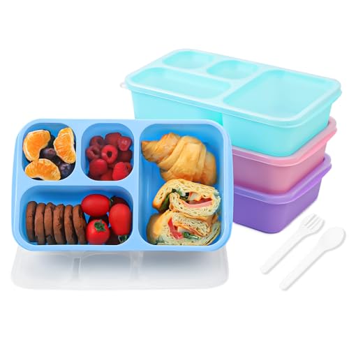 Bugucat Lunchbox 1300 ml, 4 Stück, wiederverwendbare Bento-Box mit 4 Fächern und Löffel, Snackbox für Kinder, Erwachsene, Lunch-Behälter für Schule, Arbeit und Reisen, mikrowellen- und von Bugucat