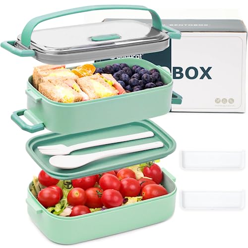 Bugucat Lunchbox 1600ML, 3 in 1 Bento Box Brotdose Auslaufsicher Luftdichte Brotzeitbox mit Fächern und Besteckset, Frühstücksbox Jausenbox für Unterwegs,Brotbüchse Vesperdose für Erwachsene Hellgrün von Bugucat