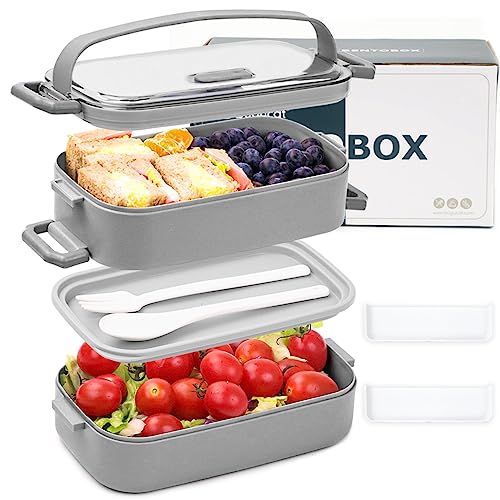 Bugucat Lunchbox 1600ML, 3 in 1 Bento Box Brotdose Auslaufsicher Luftdichte Brotzeitbox mit Fächern und Besteckset,Frühstücksbox Jausenbox für Unterwegs,Brotbüchse Vesperdose für Erwachsene Grau von Bugucat