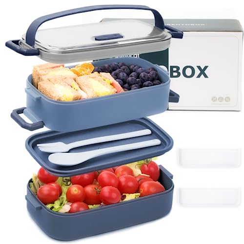 Bugucat Lunchbox 1600ML,2 in 1 Bento Box Brotdose Auslaufsicher Luftdichte Brotzeitbox mit Fächern und Besteckset,Frühstücksbox Jausenbox für Unterwegs,Brotbüchse Vesperdose für Erwachsene Dunkelblau von Bugucat