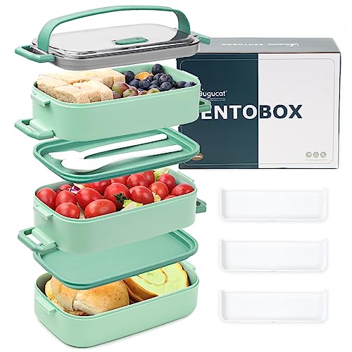 Bugucat Lunchbox 2400ML, 3 in 1 Bento Box Brotdose Auslaufsicher Luftdichte Brotzeitbox mit Fächern und Besteckset, Frühstücksbox Jausenbox für Unterwegs,Brotbüchse Vesperdose für Erwachsene Hellgrün von Bugucat