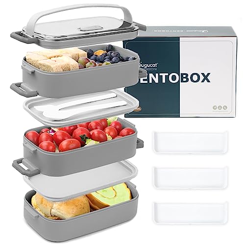 Bugucat Lunchbox 2400ML, 3 in 1 Bento Box Brotdose Auslaufsicher Luftdichte Brotzeitbox mit Fächern und Besteckset,Frühstücksbox Jausenbox für Unterwegs,Brotbüchse Vesperdose für Erwachsene Grau von Bugucat