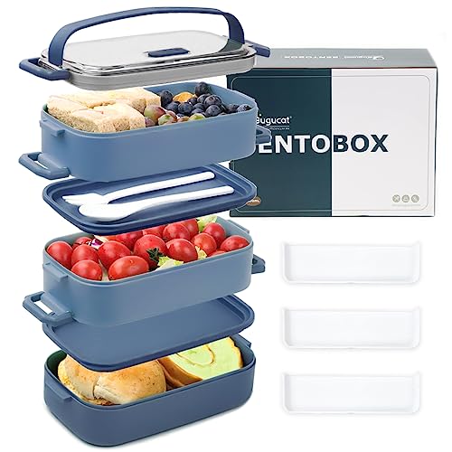 Bugucat Lunchbox 2400ML,3 in 1 Bento Box Brotdose Auslaufsicher Luftdichte Brotzeitbox mit Fächern und Besteckset,Frühstücksbox Jausenbox für Unterwegs,Brotbüchse Vesperdose für Erwachsene Dunkelblau von Bugucat