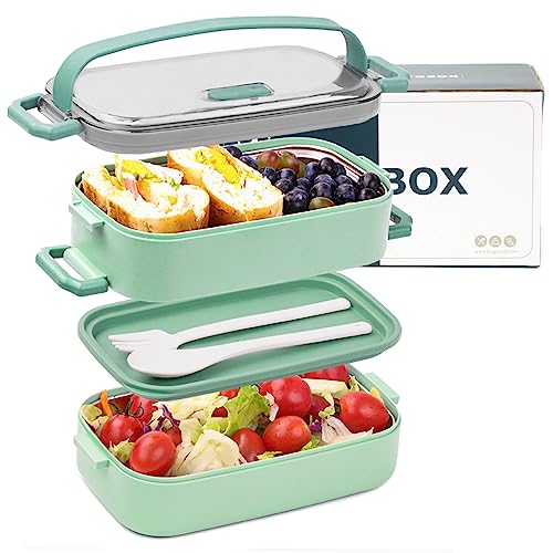 Bugucat Lunchbox Edelstahl 1100ML, Bento Box Brotdose Auslaufsicher Luftdichte Brotzeitbox mit Fächern Besteckset, Frühstücksbox Jausenbox für Unterwegs, Brotbüchse Vesperdose für Erwachsene Hellgrün von Bugucat