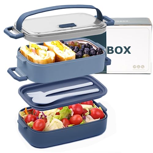 Bugucat Lunchbox Edelstahl 1100ML,Bento Box Brotdose Auslaufsicher Luftdichte Brotzeitbox mit Fächern Besteckset, Frühstücksbox Jausenbox für Unterwegs,Brotbüchse Vesperdose für Erwachsene Dunkelblau von Bugucat