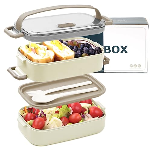Bugucat Lunchbox Edelstahl 1100ML,Bento Box Brotdose Auslaufsicher Luftdichte Brotzeitbox mit Fächern und Besteckset, Frühstücksbox Jausenbox für Unterwegs,Brotbüchse Vesperdose für Erwachsene Beige von Bugucat