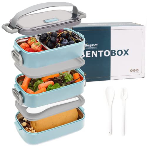 Bugucat Lunchbox Edelstahl 1700ML,Bento Box Brotdose Auslaufsicher Luftdichte Brotzeitbox mit Fächern und Besteckset, Frühstücksbox Jausenbox für Unterwegs,Brotbüchse Vesperdose für Erwachsene Blau von Bugucat