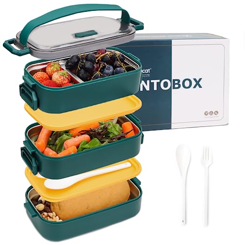 Bugucat Lunchbox Edelstahl 1700ML,Bento Box Brotdose Auslaufsicher Luftdichte Brotzeitbox mit Fächern und Besteckset,Frühstücksbox Jausenbox für Unterwegs,Brotbüchse Vesperdose für Erwachsene Grün von Bugucat