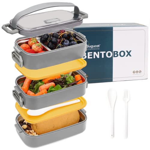 Bugucat Lunchbox Edelstahl 1700ML,Bento Box Brotdose Auslaufsicher Luftdichte Brotzeitbox mit Fächern und Besteckset,Frühstücksbox Jausenbox für Unterwegs,Brotbüchse Vesperdose für Erwachsene grau von Bugucat