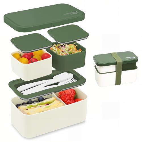 Bugucat Lunchbox Erwachsene 1450ML, 2 in 1 Brotdose Kinder mit 3 Fächern, Auslaufsicher Lunchbox Kinder Bento Box Erwachsene, Brotdosen Vesperdose Frühstücksbox für Mädchen & Jungen BPA-Frei Grün von Bugucat